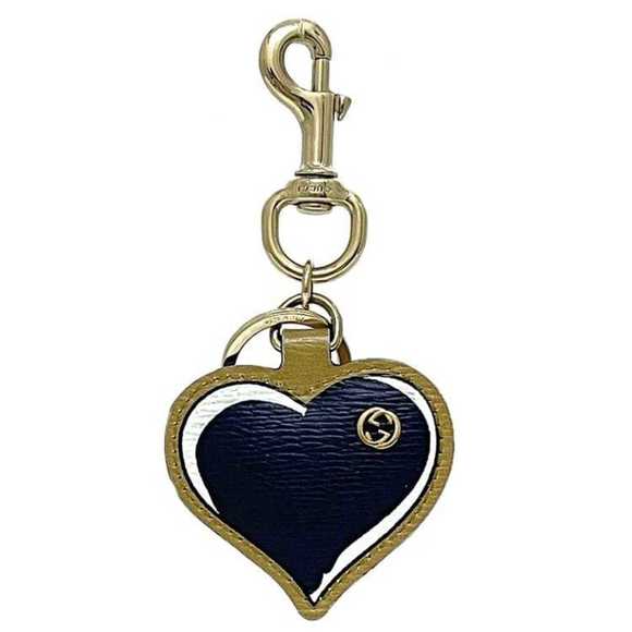 GUCCI Accessories - Gucci Key Ring ec-23685 Navy Yellow Gold Interlocking Leather Metal Heart GG ...
